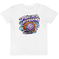 White True Form kids cotton crew neck T-shirt with purple True Form lettering, TF basketball graphic and Keep it one motion banner.