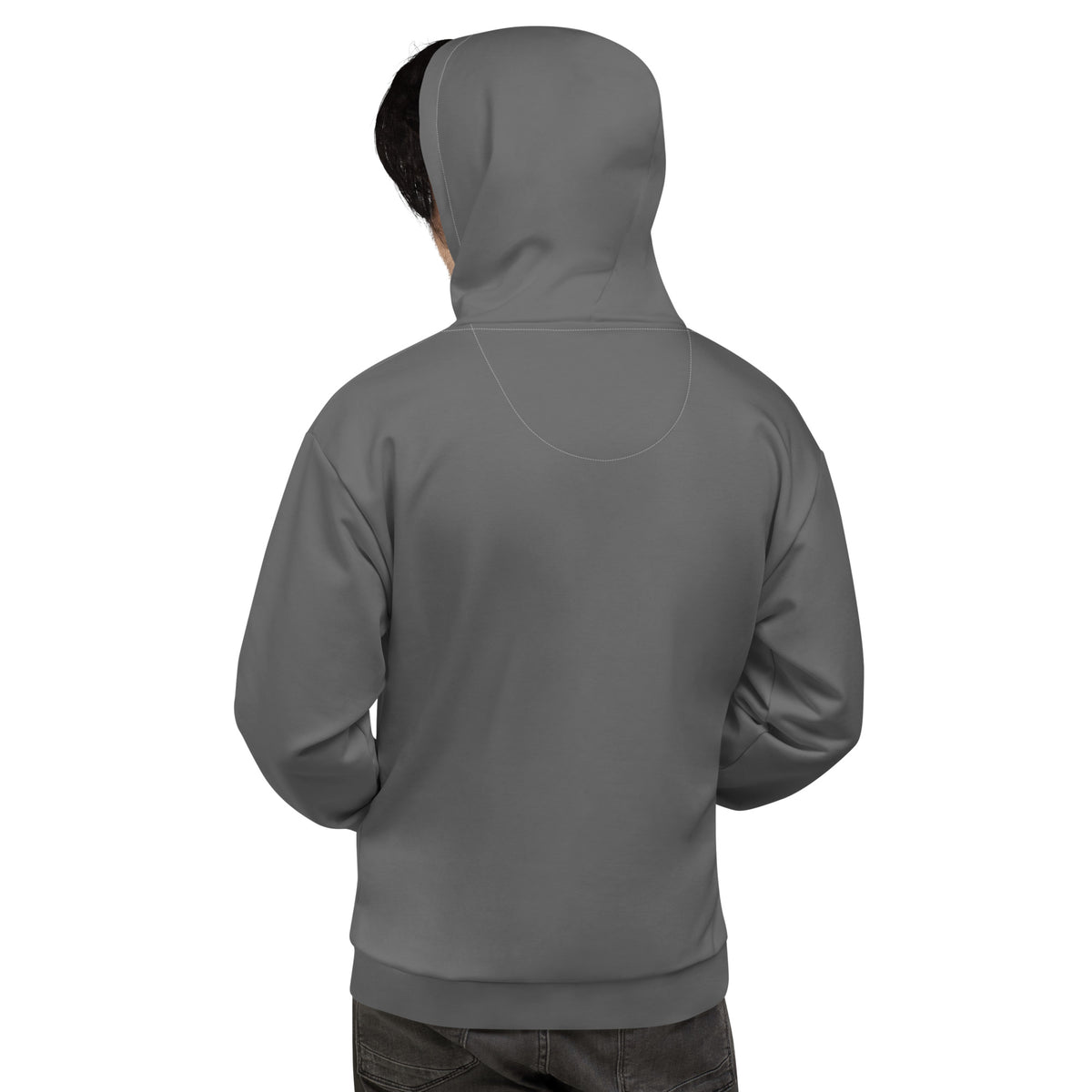 Back view of model wearing the grey True Form premium relaxed fit motion performance hoodie with the hood up.