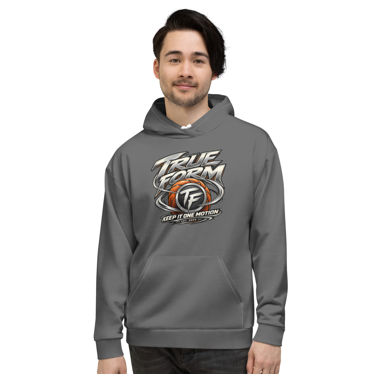 Model wearing the grey True Form premium relaxed fit motion performance hoodie with True Form basketball TF graphic and Keep it one motion lettering.
