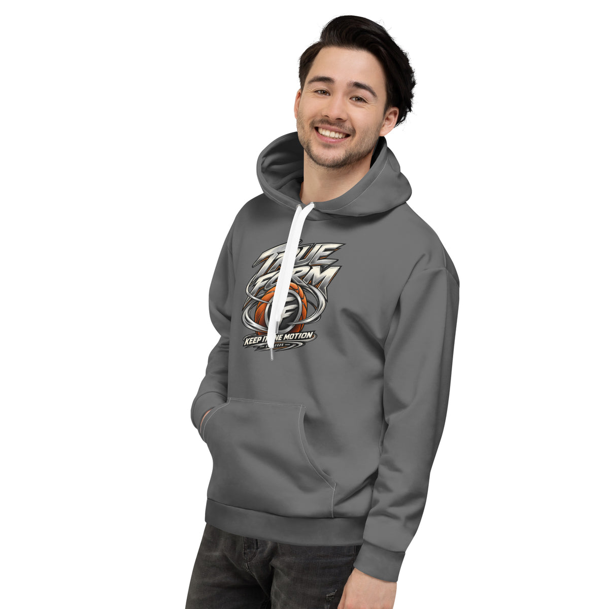 Model wearing the grey True Form premium relaxed fit motion performance hoodie with True Form basketball TF graphic and Keep it one motion lettering, shown from the left front.