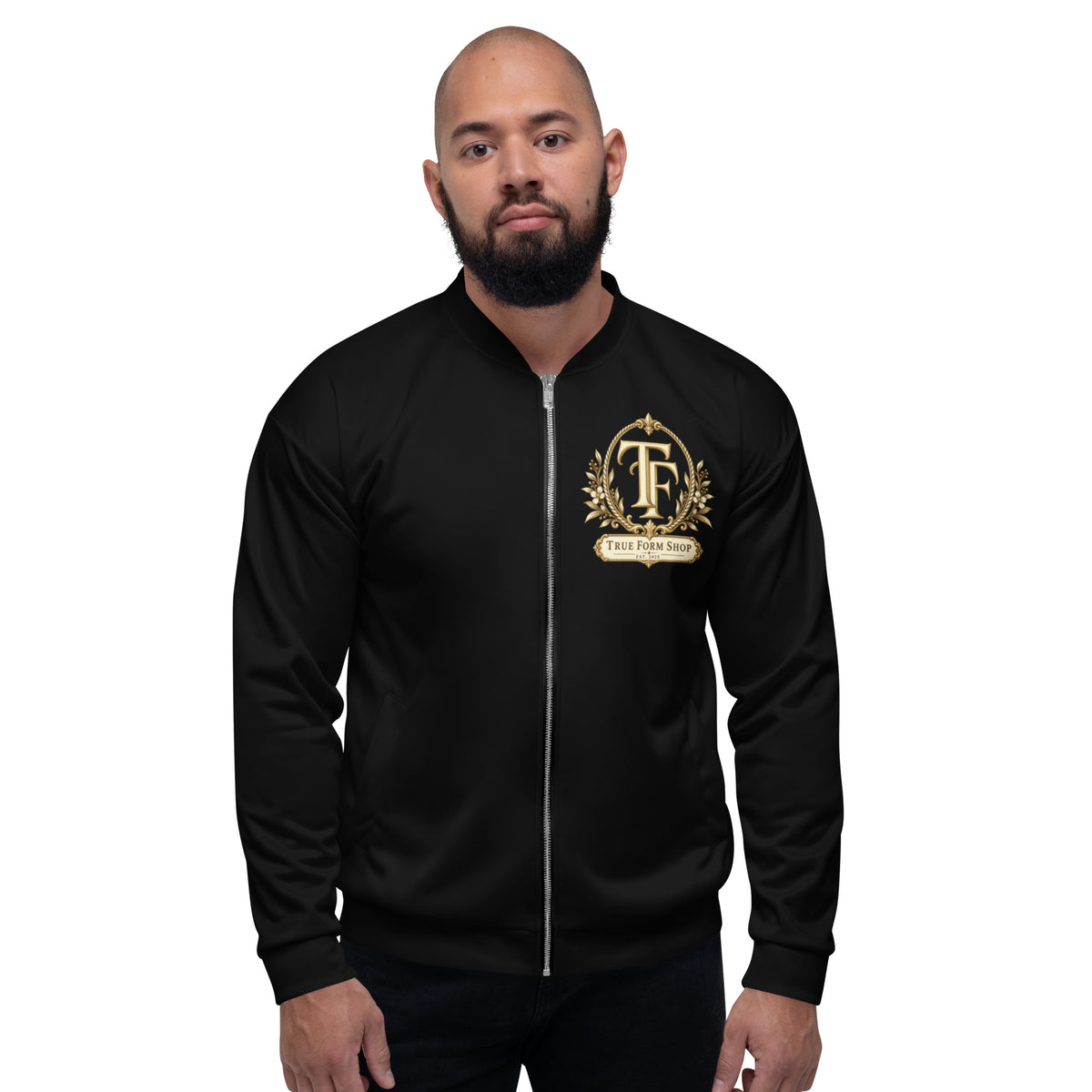 Black True Form Basketball Jacket Elite Performance Edition with a gold ornate True Form TF emblem and True Form Shop banner, shown worn from the front.