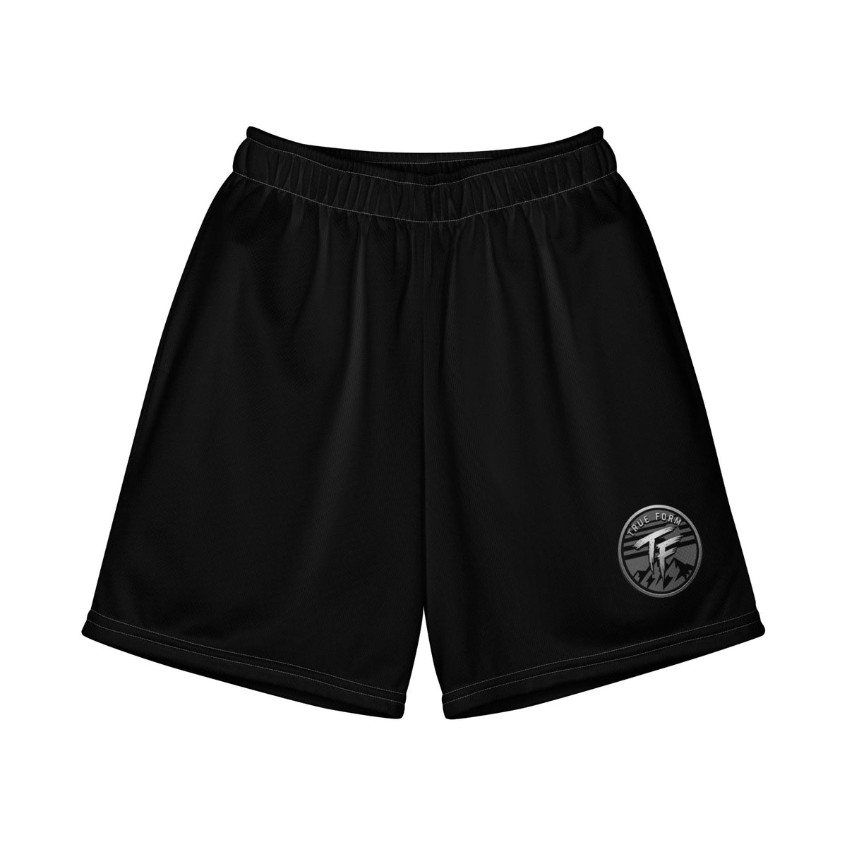 Black True Form all over print youth recycled mesh athletic shorts with a small TF logo on the left leg.