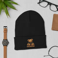 Black True Form premium hypoallergenic cuffed acrylic beanie with a teddy bear in a hoodie and True Form Shop lettering on the cuff.