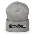 Heather grey True Form Athletic Beanie with True Form text on the cuff, shown from the front.