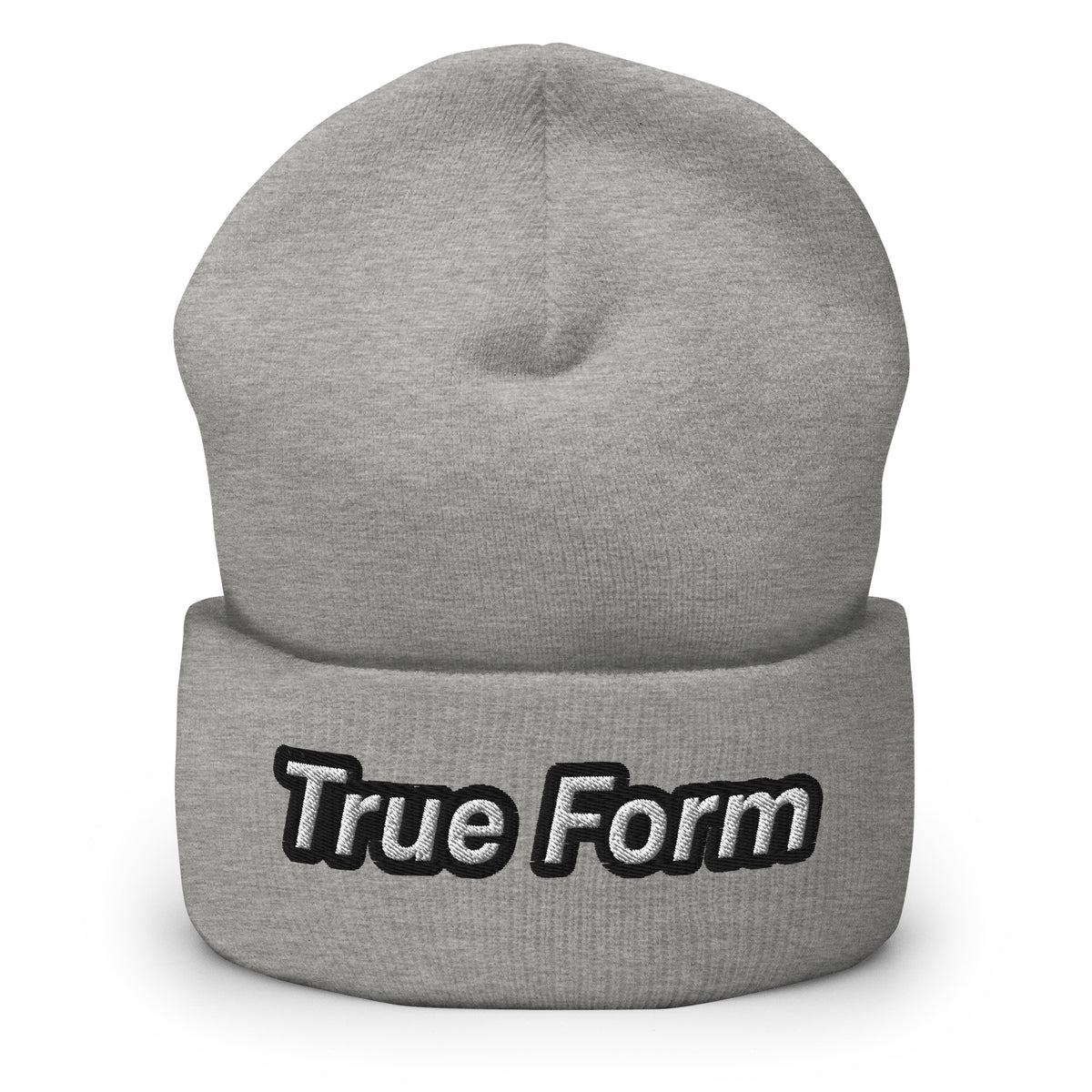 Heather grey True Form Athletic Beanie with True Form text on the cuff, shown from the front.