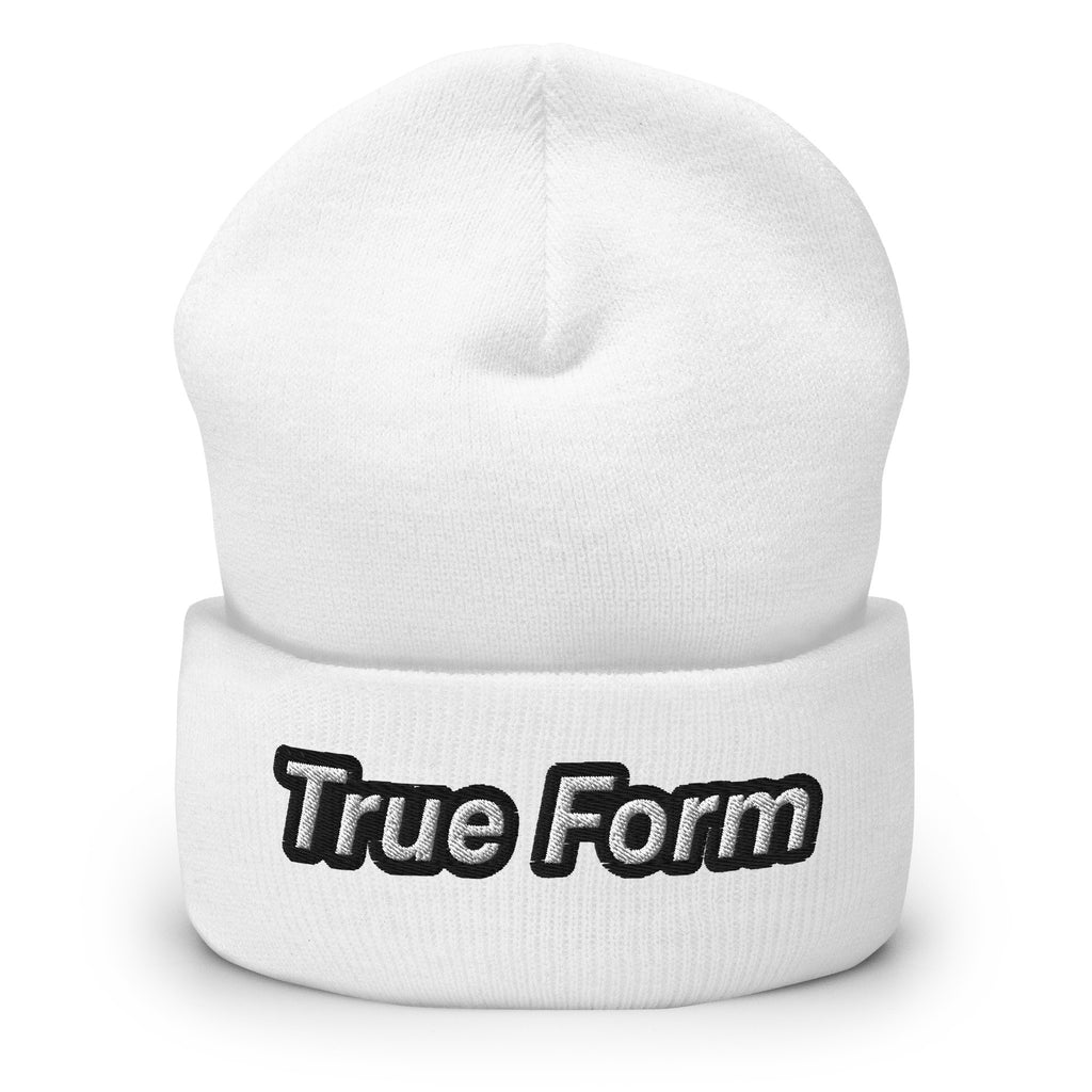 White True Form Athletic Beanie with True Form text on the cuff, shown from the front.