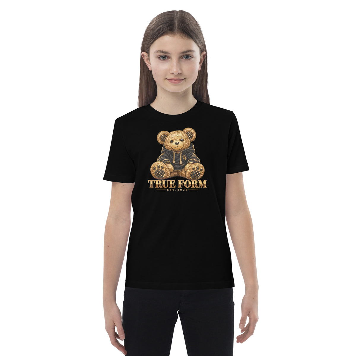Black Motion Tee by True Form with a teddy bear graphic and True Form text, shown worn from the front.