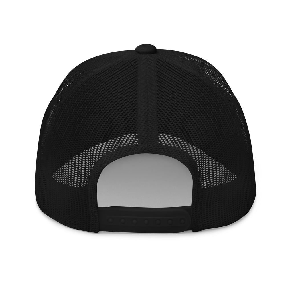 Back view of black True Form classic six panel mesh back trucker cap with adjustable closure.