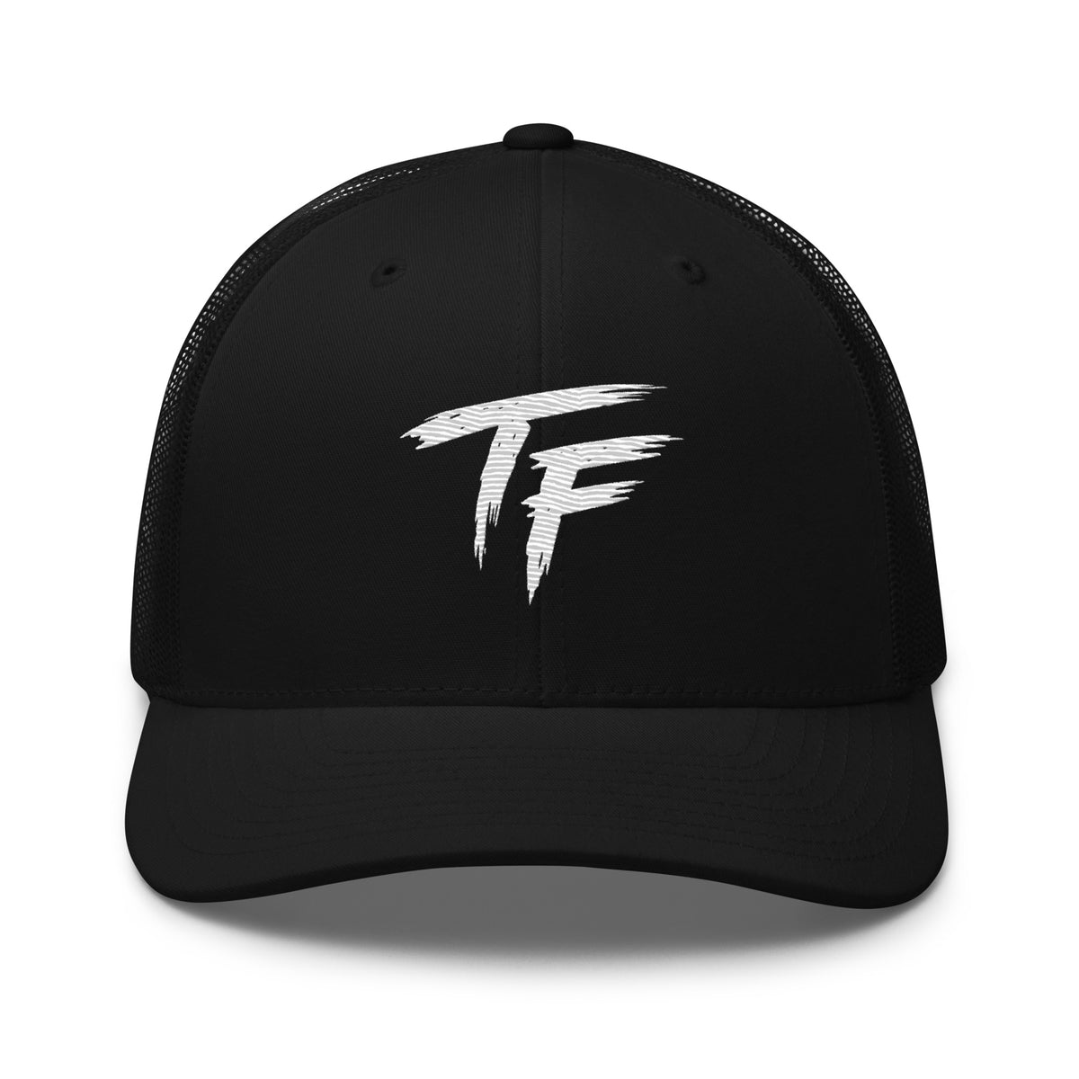 Black True Form classic six panel mesh back trucker cap with white TF logo on the front.
