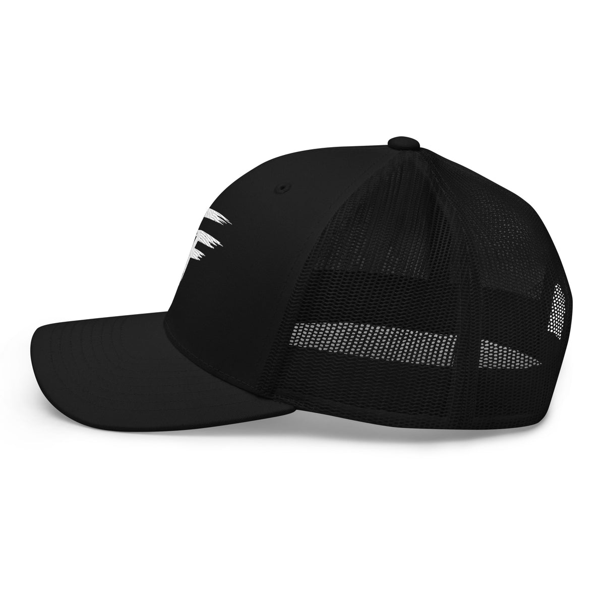 Left side view of black True Form classic six panel mesh back trucker cap.