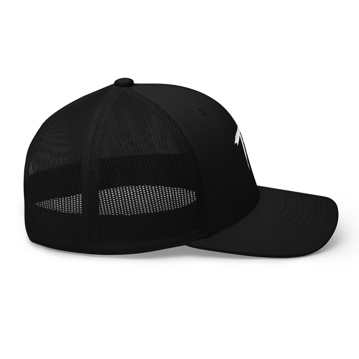 Right side view of black True Form classic six panel mesh back trucker cap.