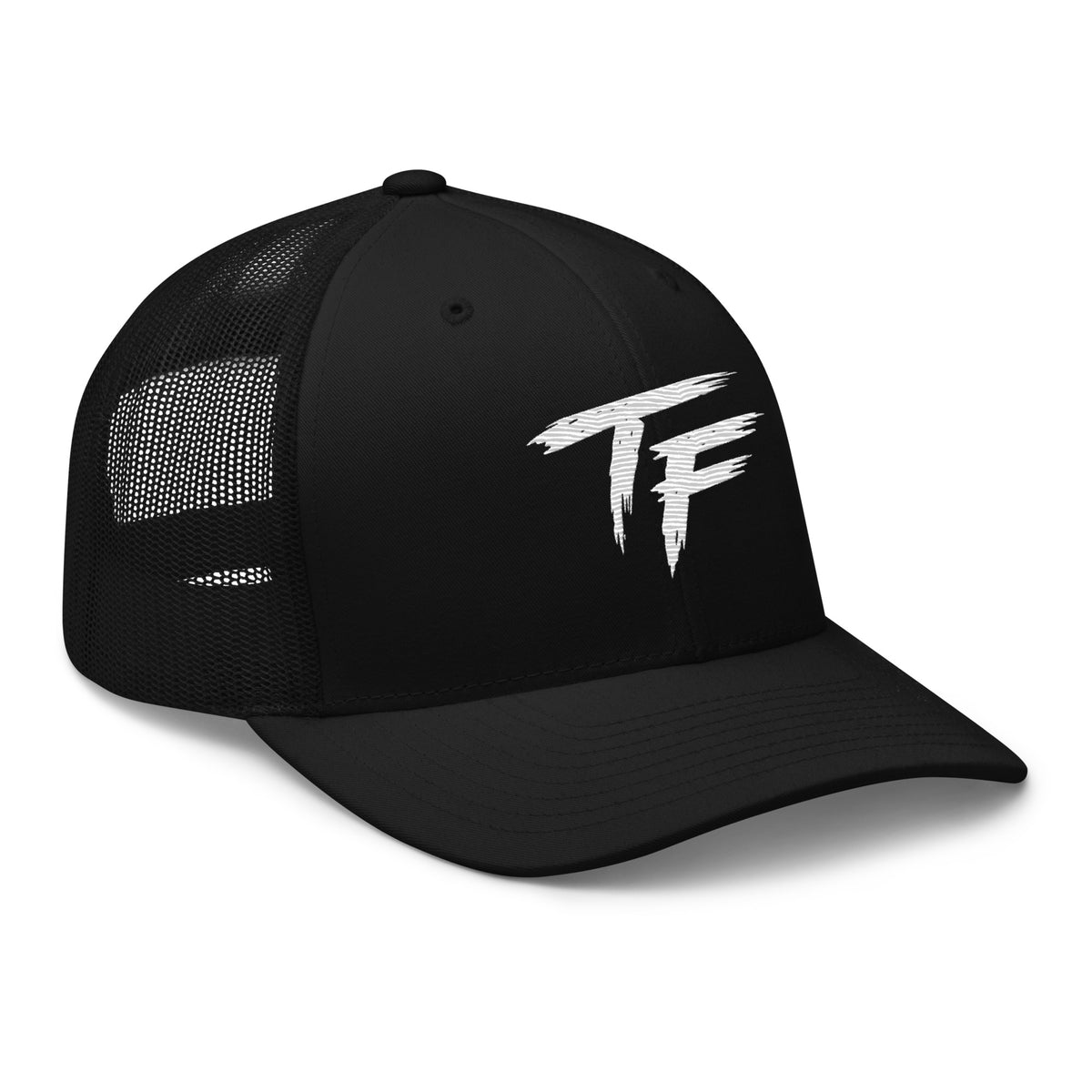 Black True Form classic six panel mesh back trucker cap with white TF logo, shown from the right front.