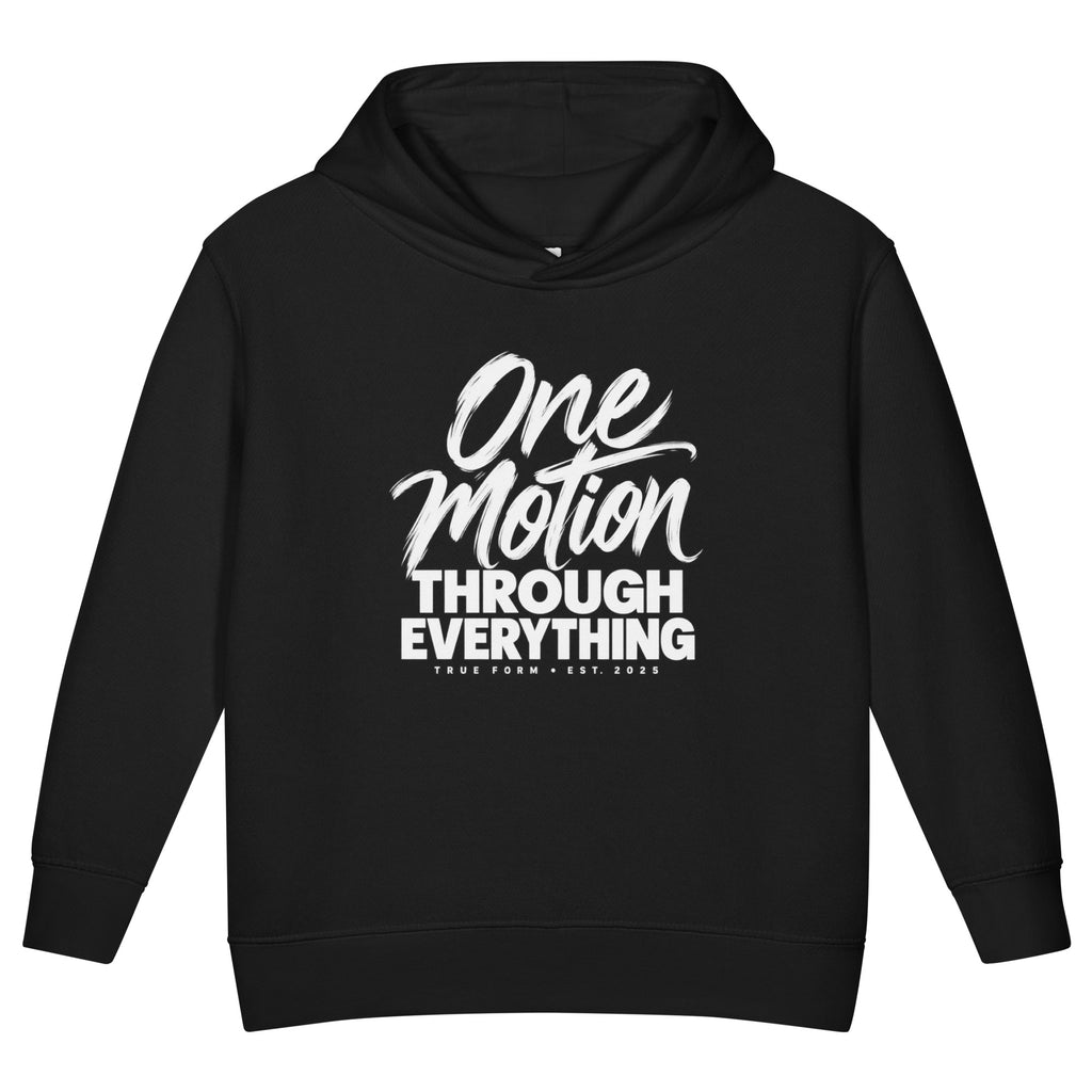 Black True Form little motion toddler's fleece hoodie with white One Motion Through Everything lettering.