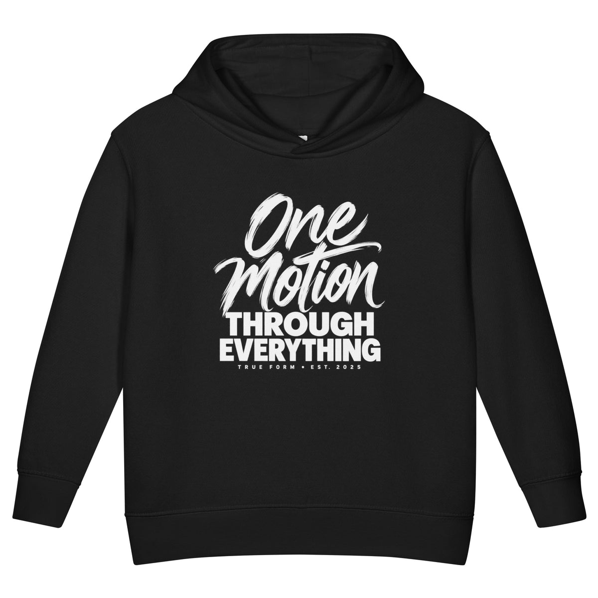 Black True Form little motion toddler's fleece hoodie with white One Motion Through Everything lettering.