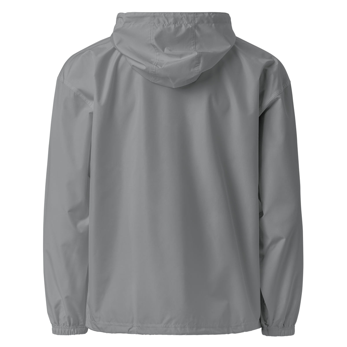 Back view of graphite True Form embroidered Champion packable windbreaker jacket.