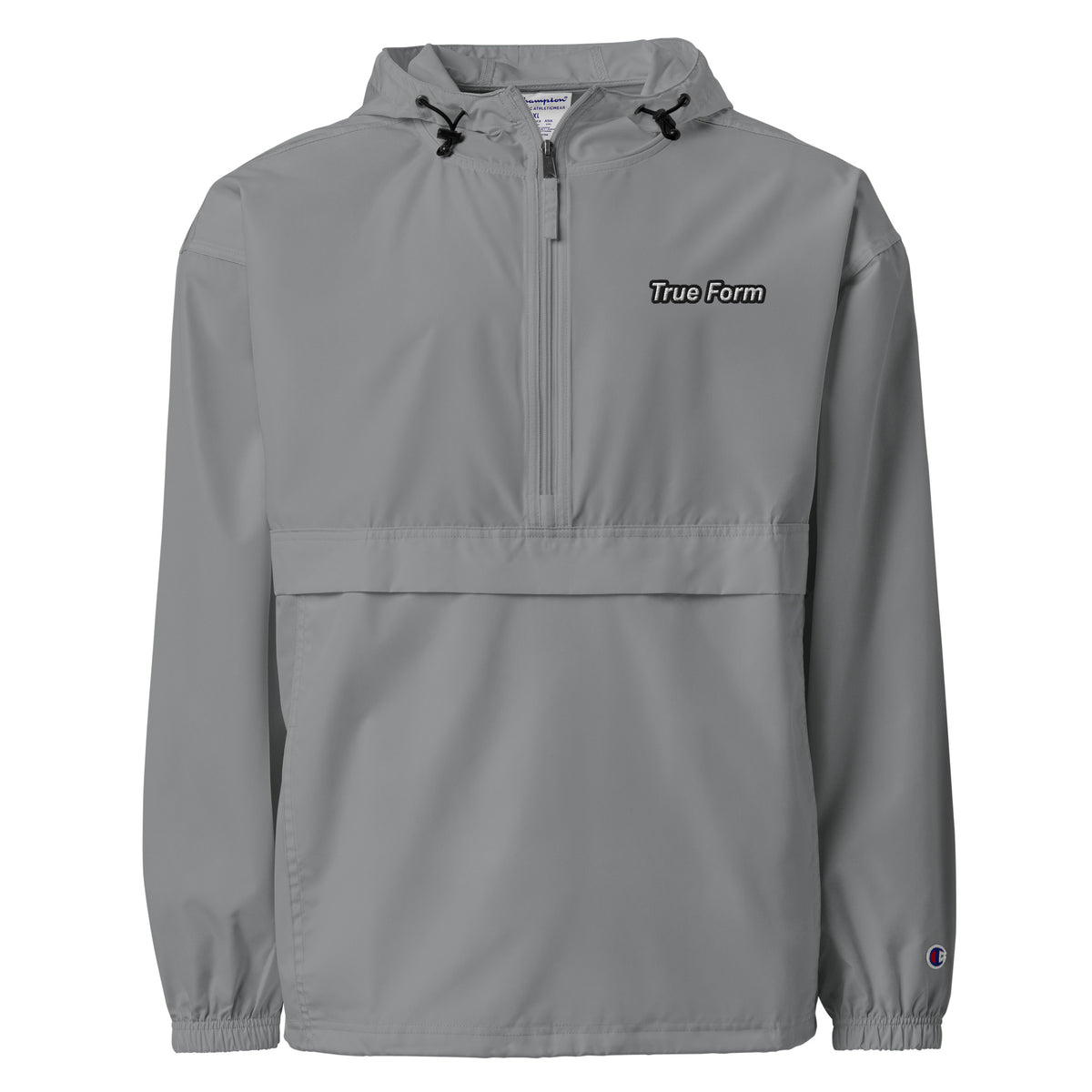 Graphite True Form embroidered Champion packable windbreaker jacket with True Form lettering on the chest.