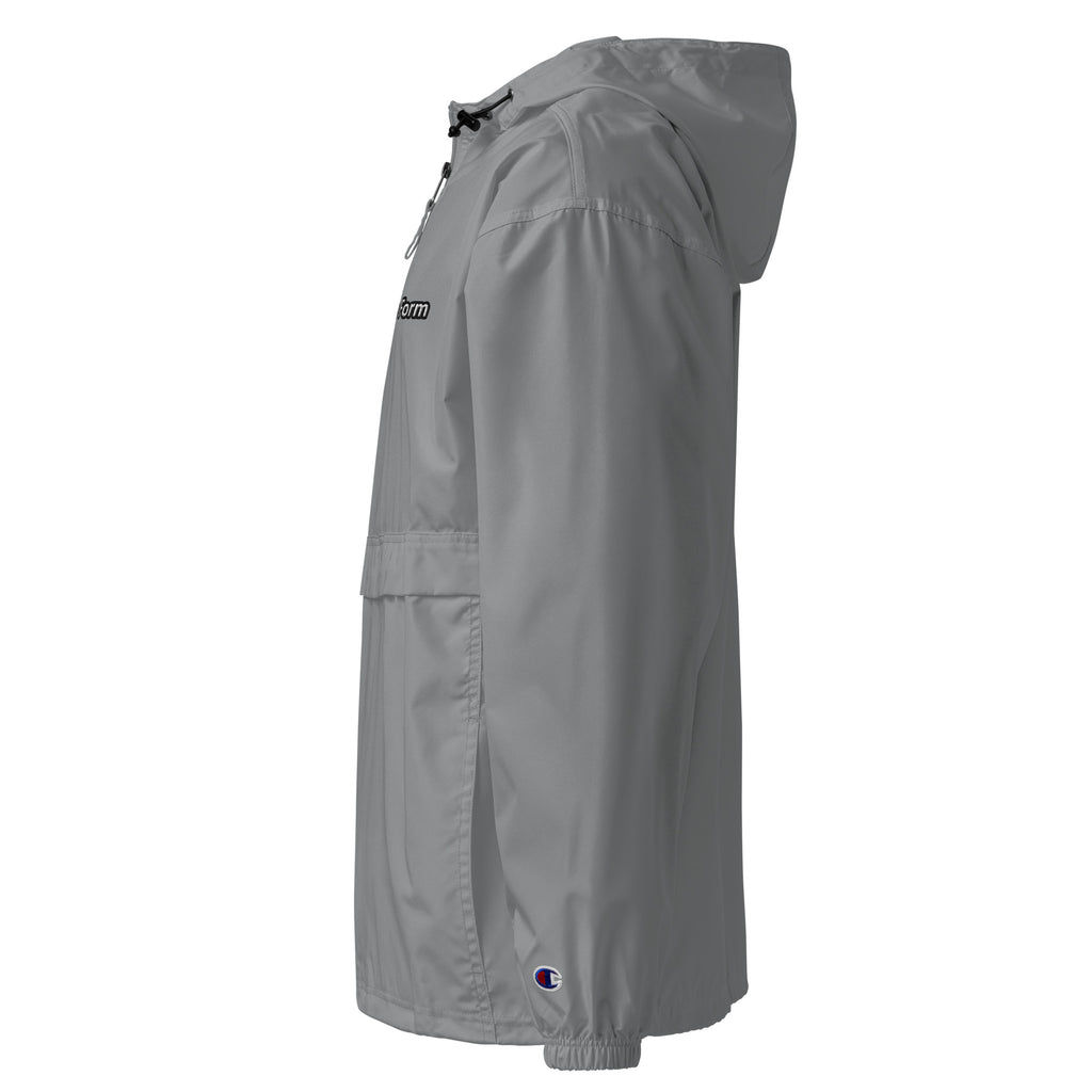 Left side view of graphite True Form embroidered Champion packable windbreaker jacket.