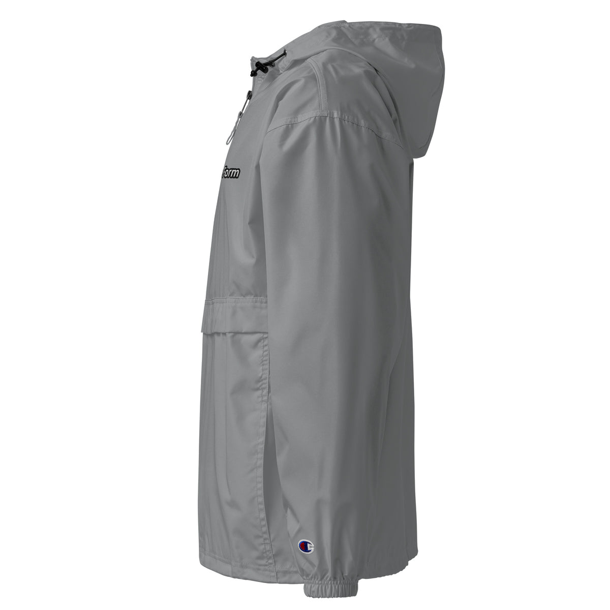 Left side view of graphite True Form embroidered Champion packable windbreaker jacket.