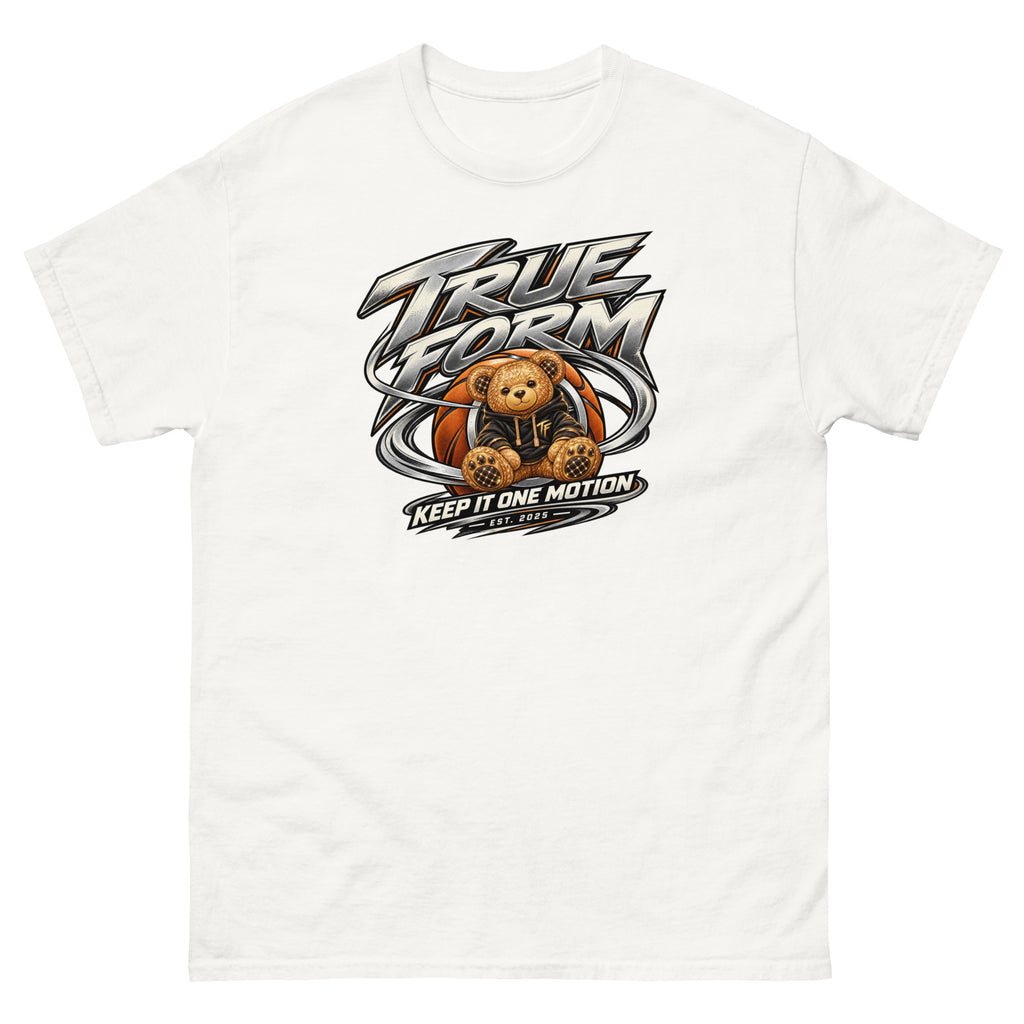 White True Form motion performance tee with a True Form bear and basketball graphic and Keep it one motion lettering.