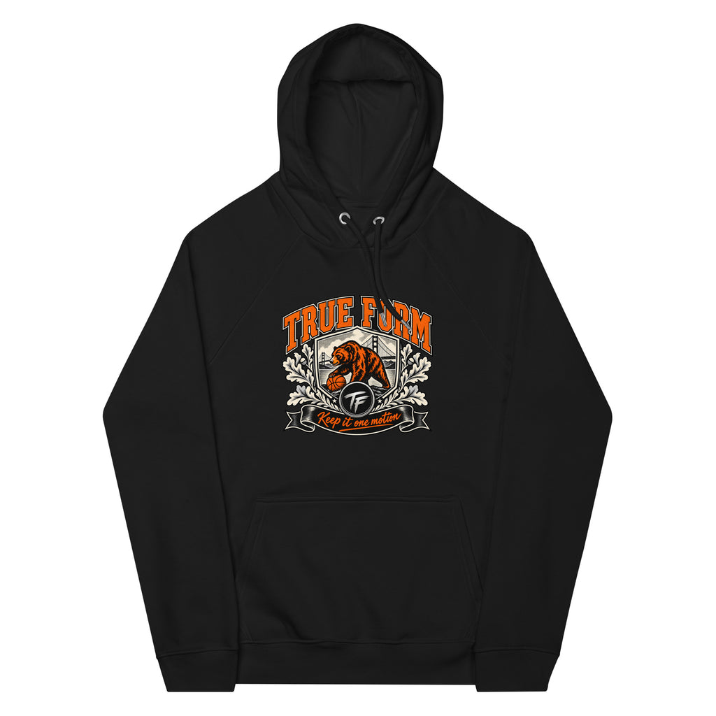 Black True Form Athletic Hoodie with orange True Form text and a bear and basketball graphic, shown from the front.