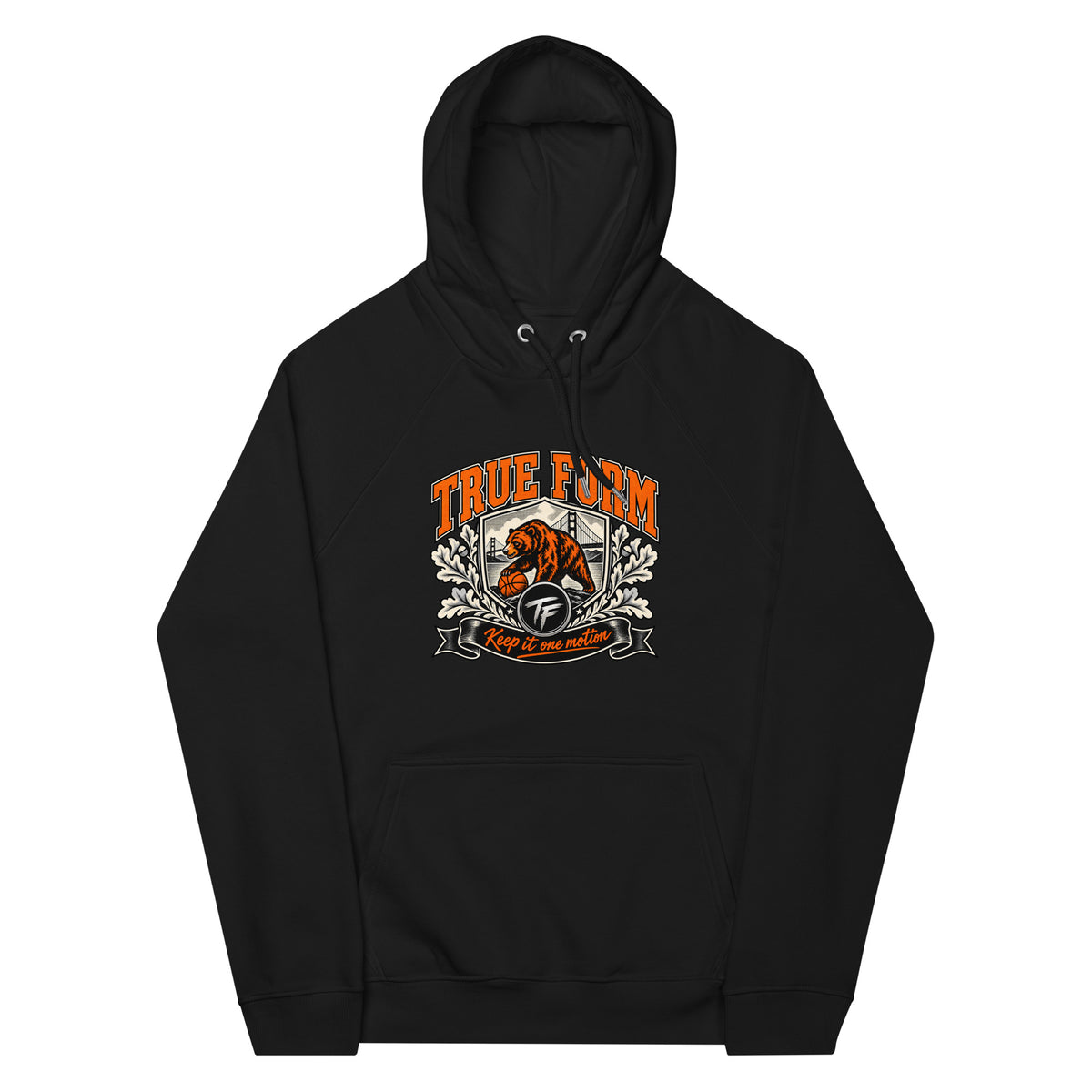 Black True Form Athletic Hoodie with orange True Form text and a bear and basketball graphic, shown from the front.