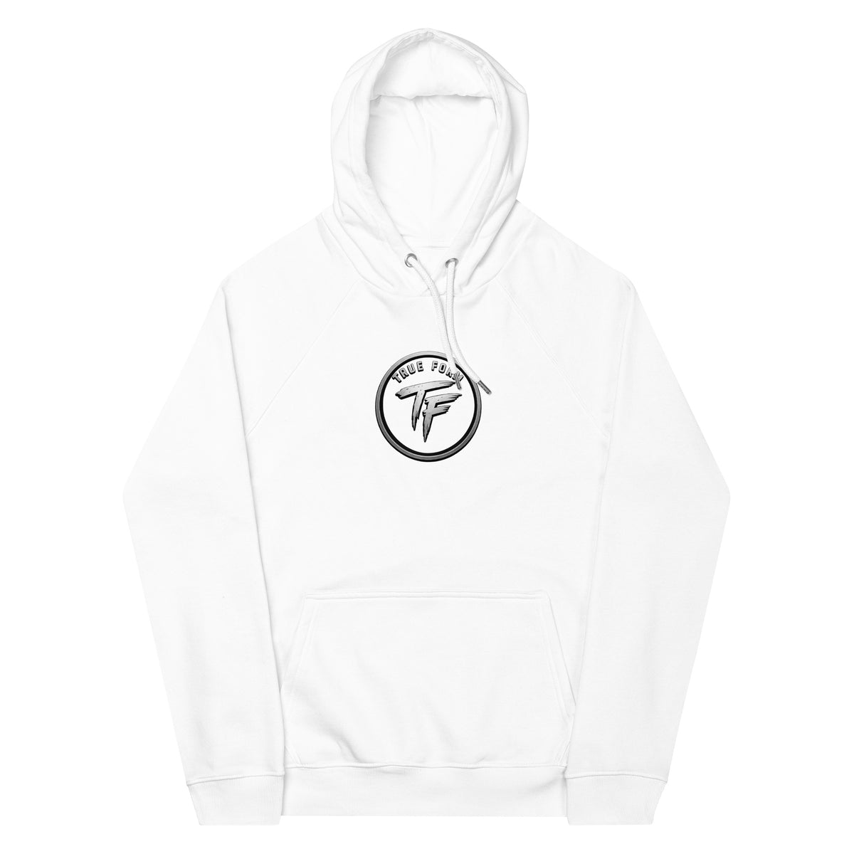 White True Form Hoodie with a circular True Form TF logo, shown from the front.