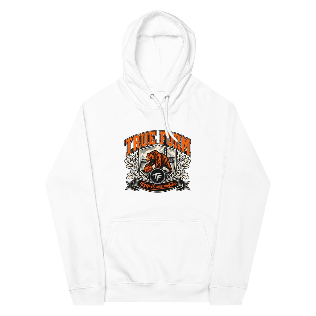 White True Form Athletic Hoodie with orange True Form text and a bear and basketball graphic, shown from the front.