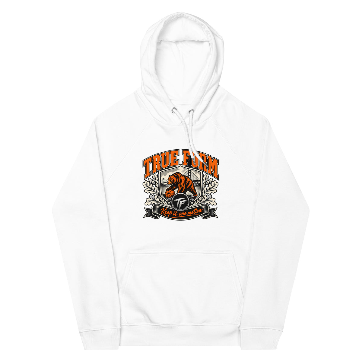 White True Form Athletic Hoodie with orange True Form text and a bear and basketball graphic, shown from the front.