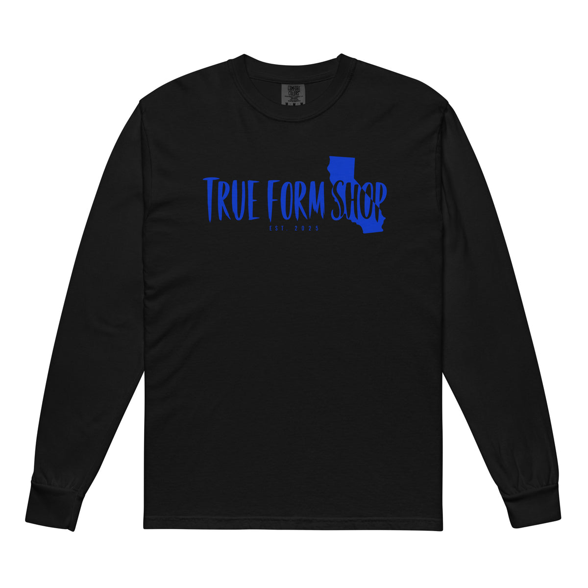 Black True Form Essence Long Sleeve Shirt with blue True Form Shop text and graphic, shown from the front.