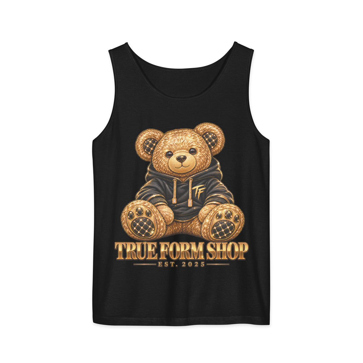 Black True Form Essential Tank with a teddy bear graphic and True Form Shop text, shown from the front.