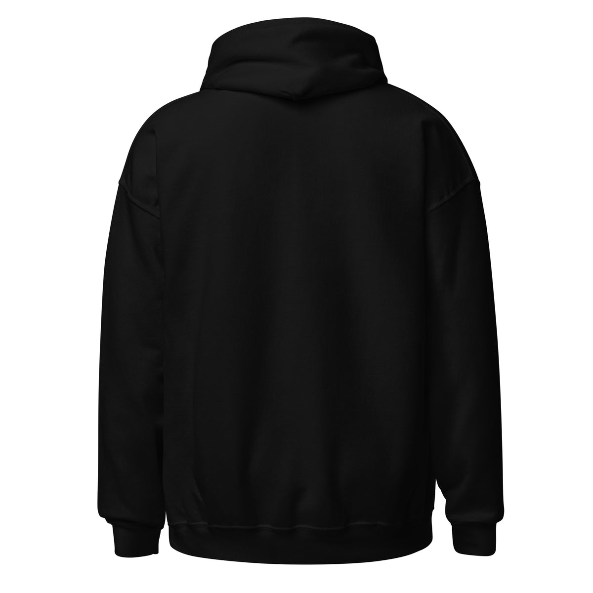 Back view of black True Form unisex fleece pullover hoodie.
