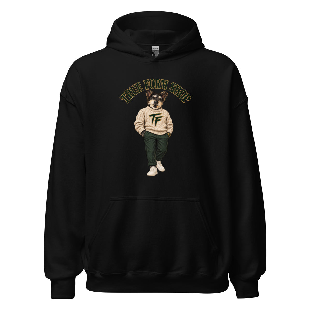 Black True Form unisex fleece pullover hoodie with bear mascot in a cream TF sweater under True Form Shop lettering.