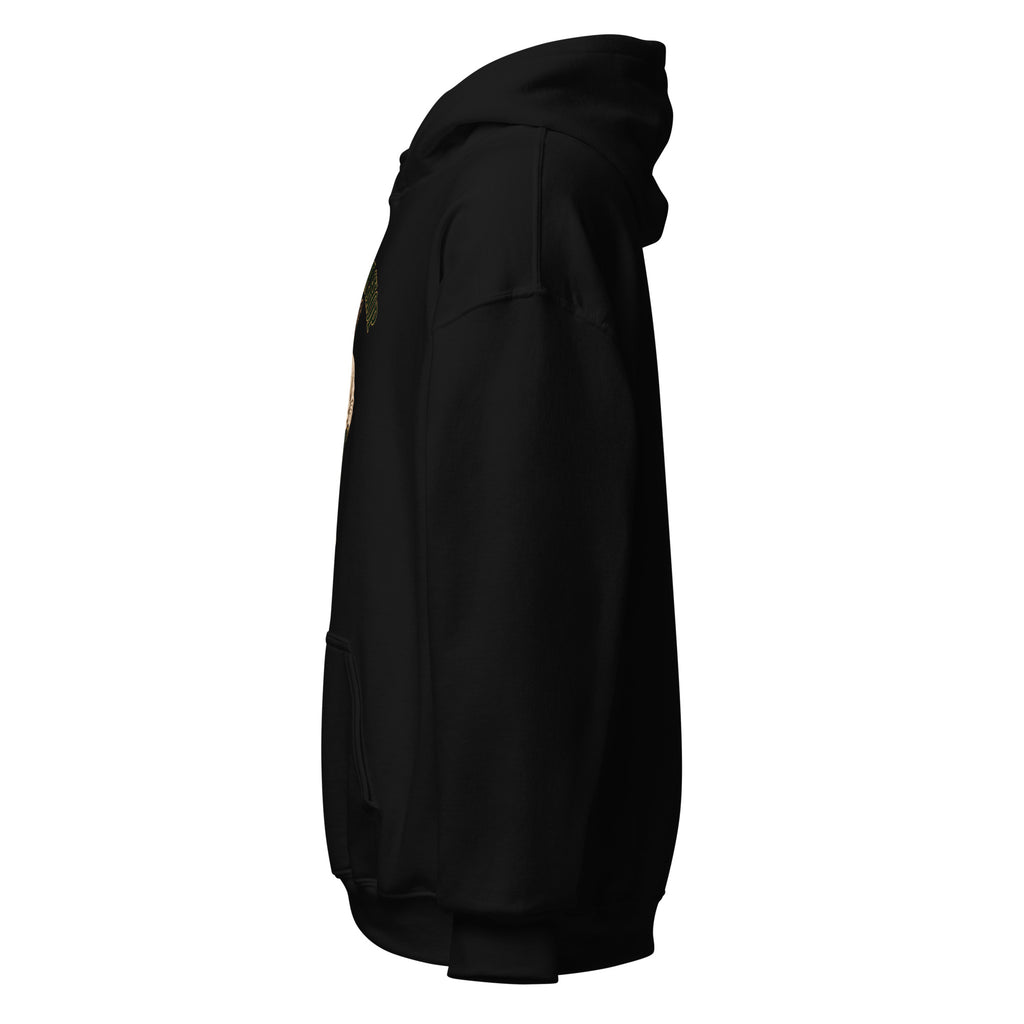 Left side view of black True Form unisex fleece pullover hoodie.