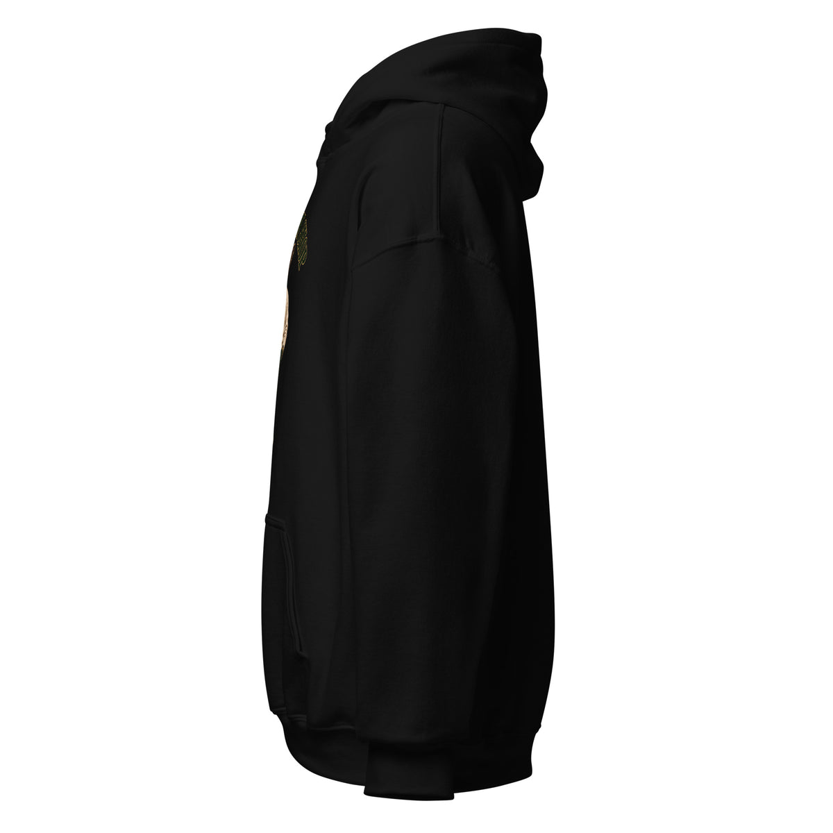 Left side view of black True Form unisex fleece pullover hoodie.