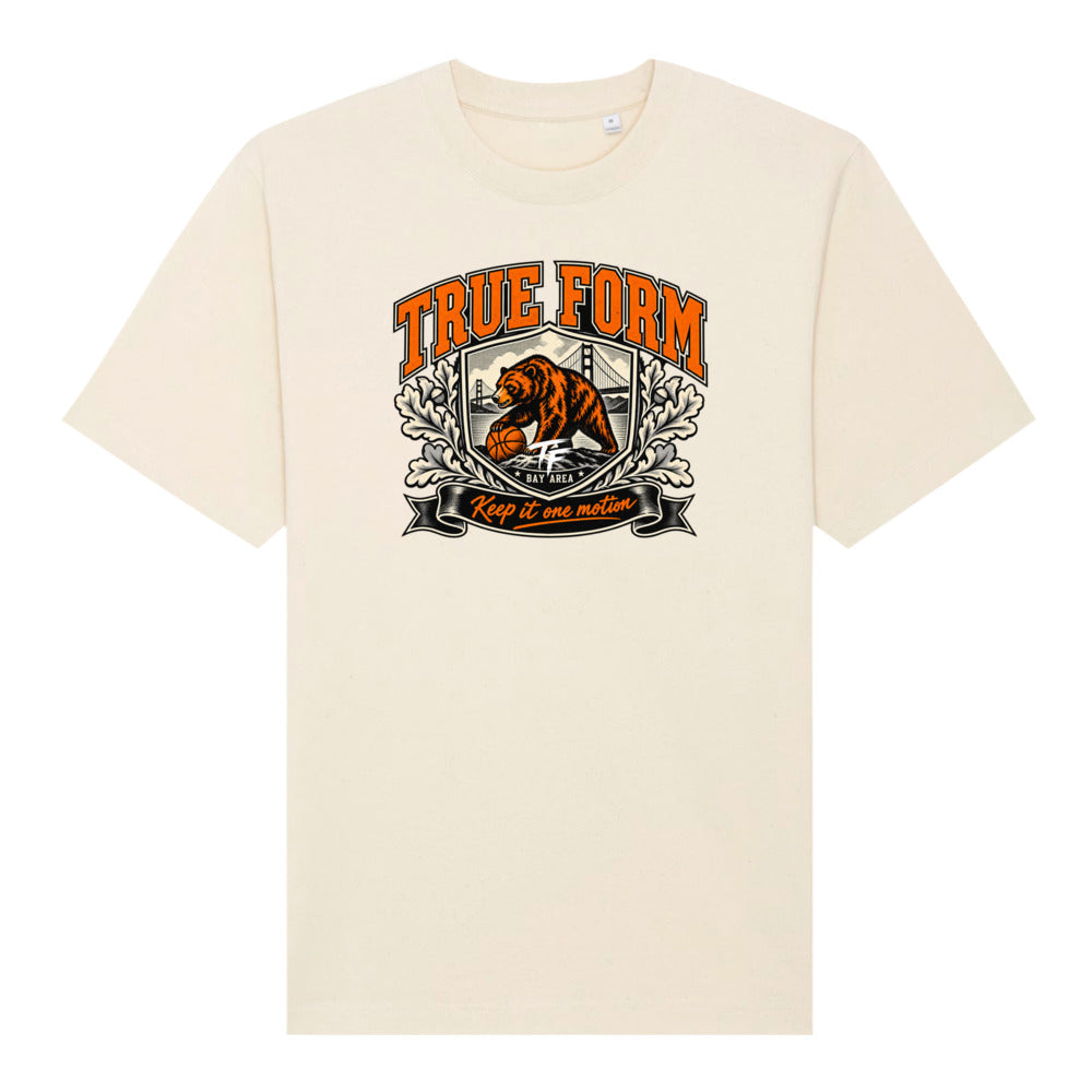 Natural raw True Form Bay Area Heritage Tee with orange True Form lettering and vintage crest featuring a California bear, basketball, Golden Gate Bridge and TF emblem.