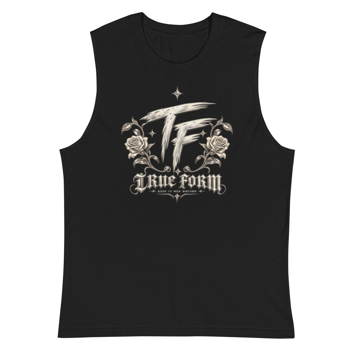 Black True Form Athletic Tank with a TF graphic, roses, and True Form text, shown from the front.