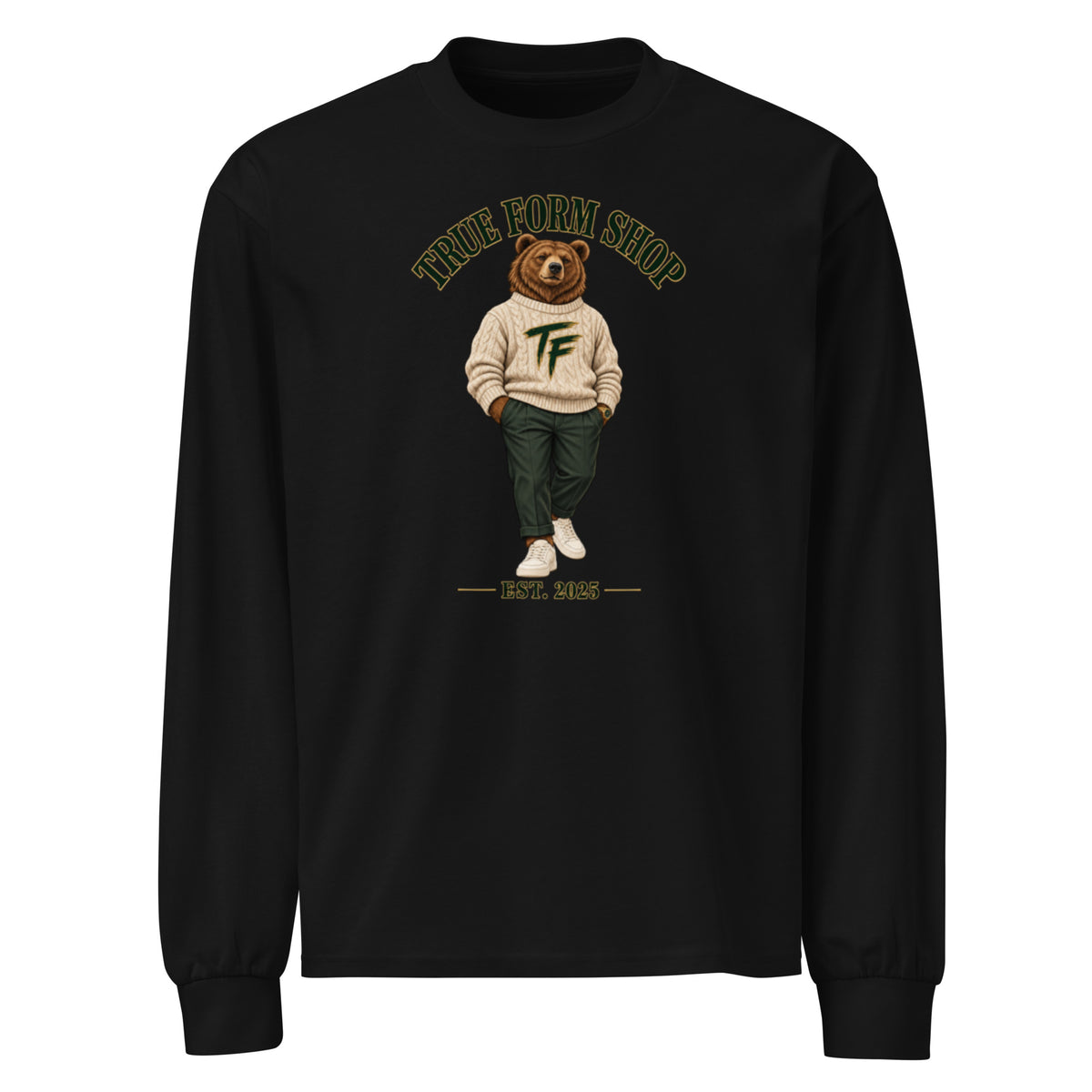 Black True Form Premium Long Sleeve Performance Shirt with a bear graphic and True Form Shop text, shown from the front.