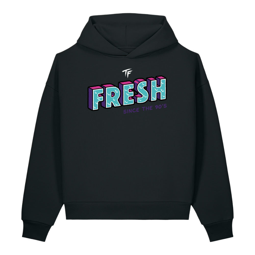 Black True Form premium sculpted heavyweight fleece hoodie with TF logo and colorful FRESH since the 90's graphic on the chest.