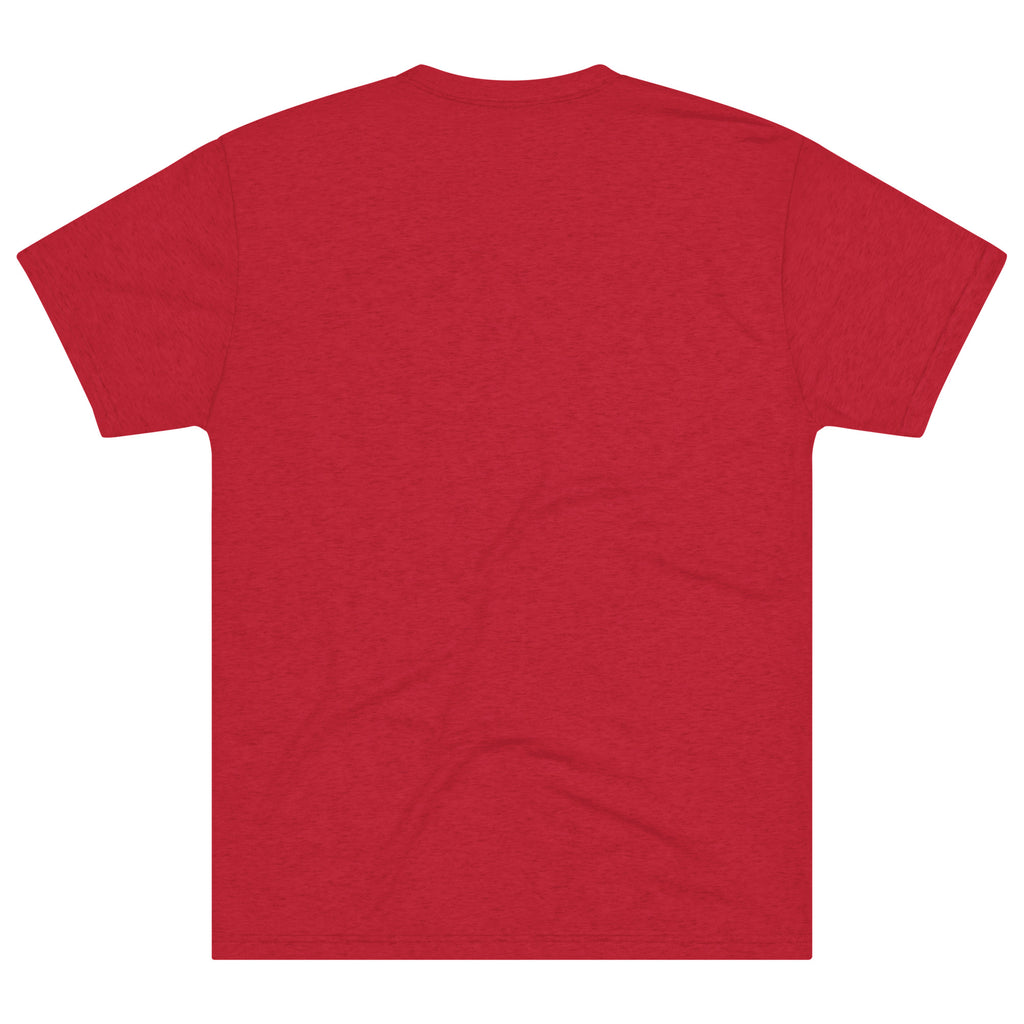 Back view of red True Form tri-blend crew neck T-shirt.