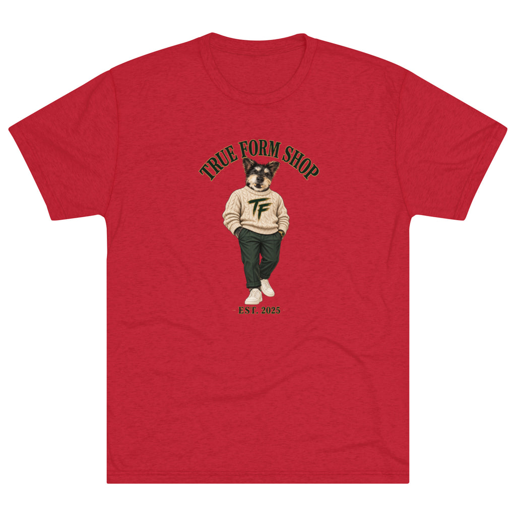 Red True Form tri-blend crew neck T-shirt with bear mascot in a cream TF sweater under True Form Shop lettering and EST. 2025.