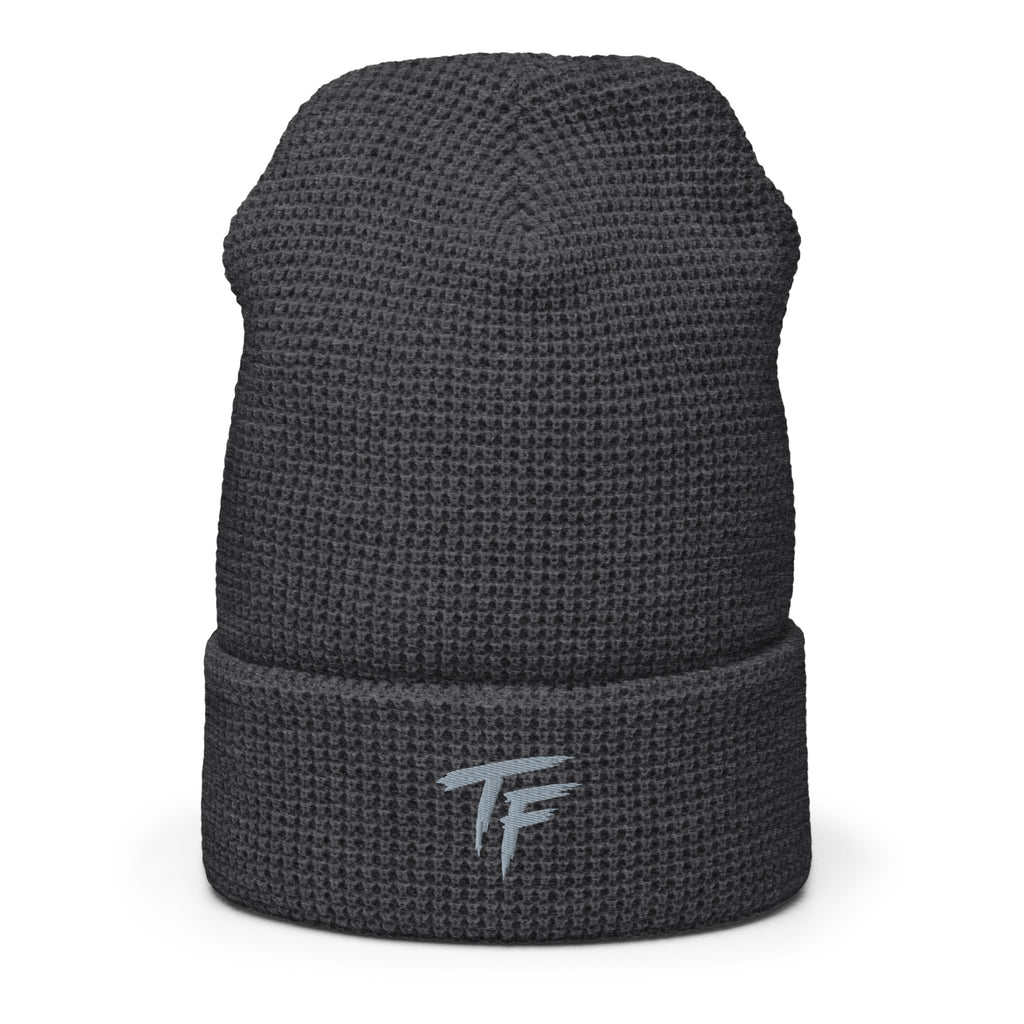 Heather charcoal True Form waffle knit beanie with TF logo on the adjustable cuff.