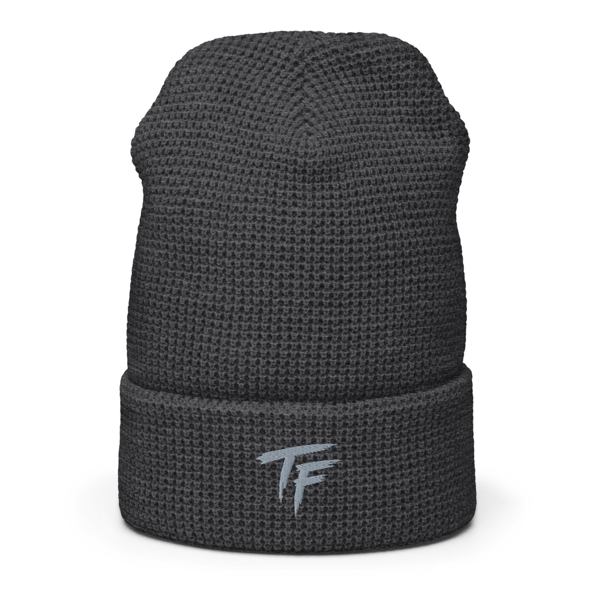 Heather charcoal True Form waffle knit beanie with TF logo on the adjustable cuff.