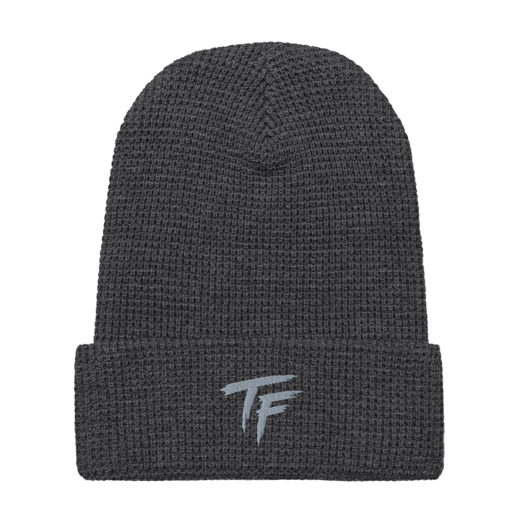 Heather charcoal True Form waffle knit beanie with TF logo on the adjustable cuff.