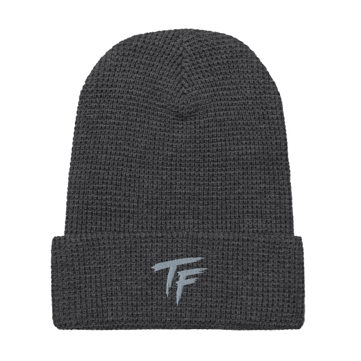 Heather charcoal True Form waffle knit beanie with TF logo on the adjustable cuff.