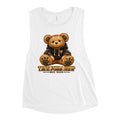 White True Form Women’s Athletic Muscle Tank with a teddy bear graphic and True Form Shop text, shown from the front.