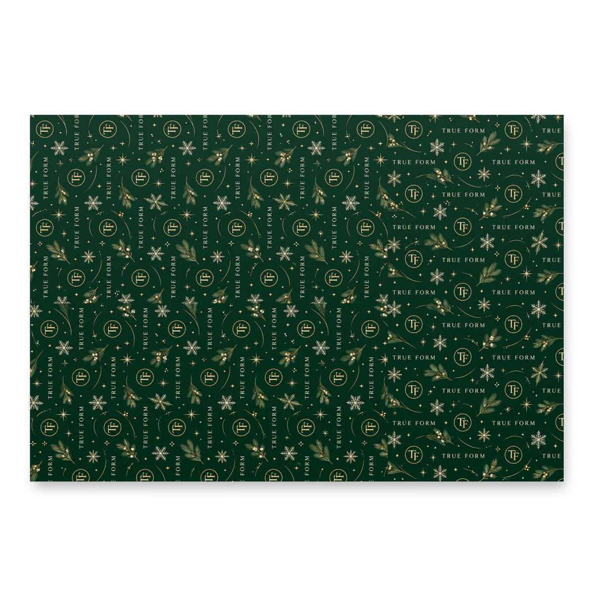 Deep green True Form premium holiday tree wrapping paper with a repeating TF logo, True Form lettering, and snowflake pattern.