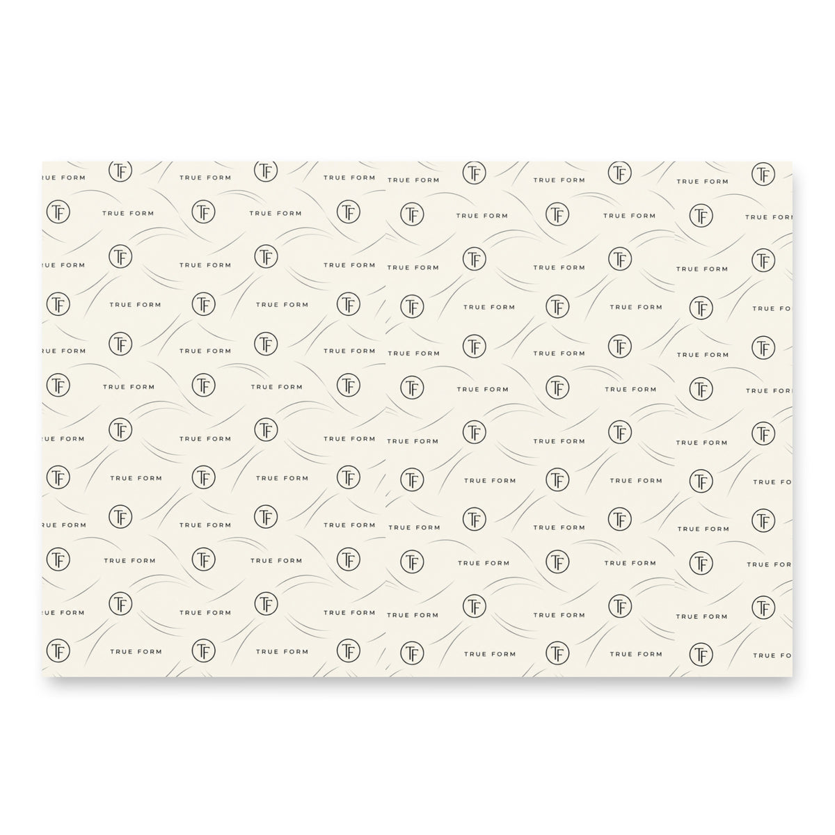 White True Form premium holiday tree wrapping paper with a repeating black TF logo and True Form lettering pattern.