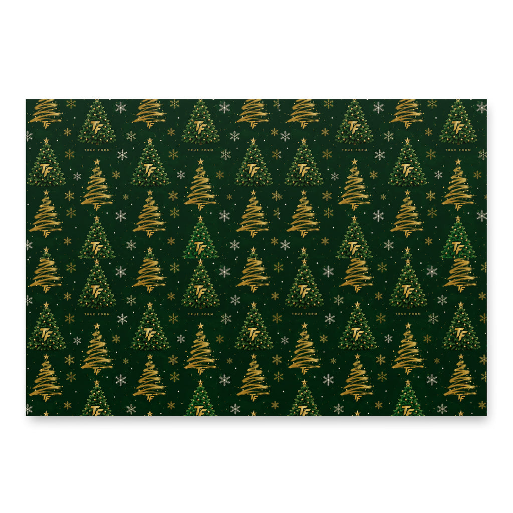 Deep green True Form premium holiday tree wrapping paper with gold and green holiday trees and TF logos.