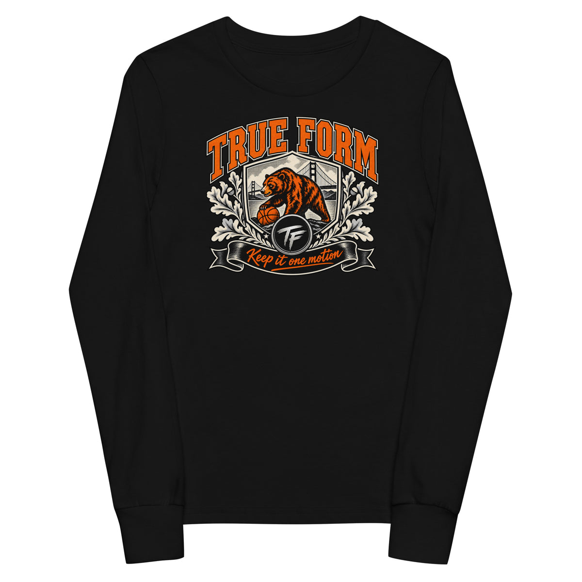 Black True Form youth heritage long sleeve cotton T-shirt with orange True Form lettering, bear with a basketball, TF emblem and Keep it one motion banner.