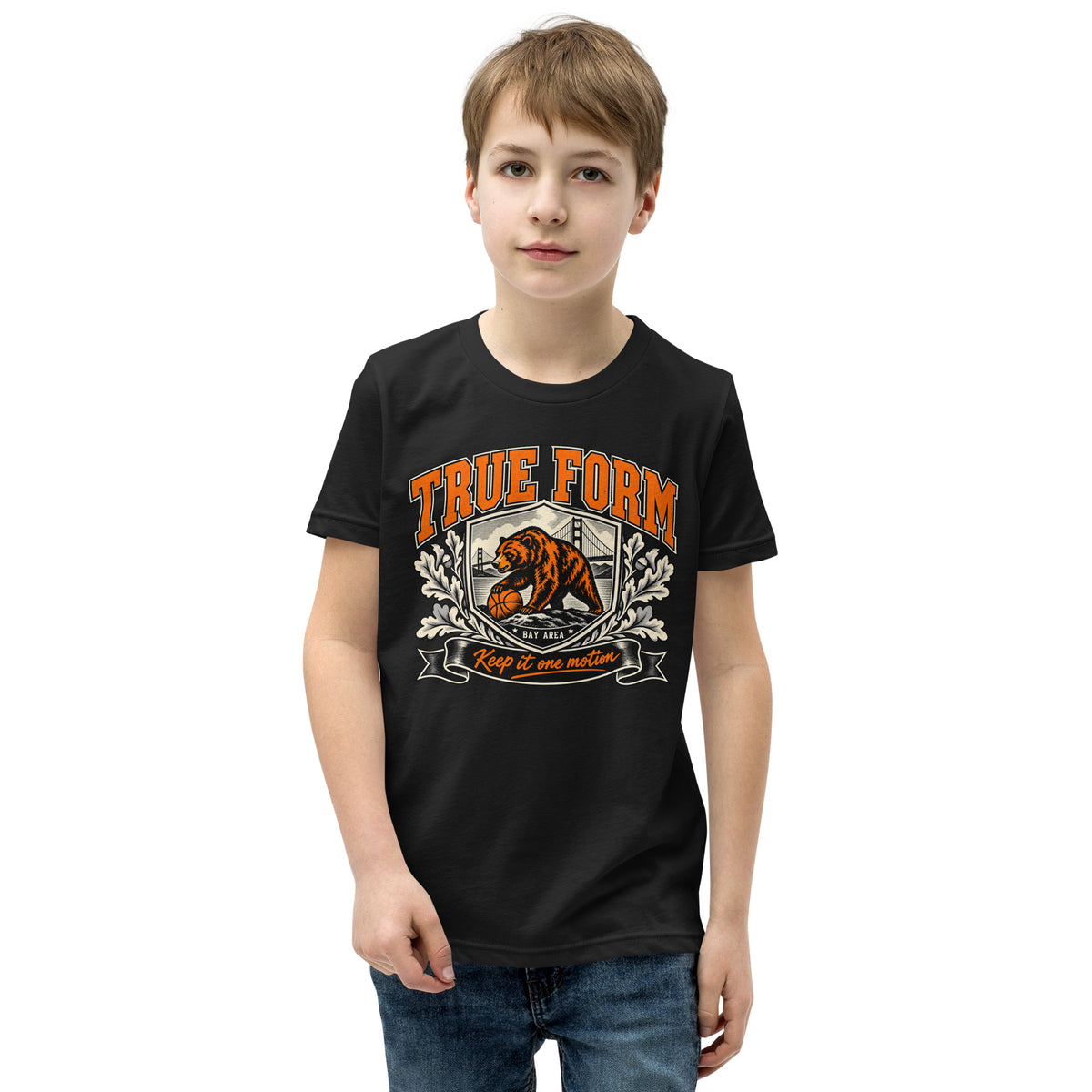 Black Youth True Form Athletic T-Shirt with orange True Form text, a bear and basketball graphic, and Keep it one motion text, shown worn from the front.